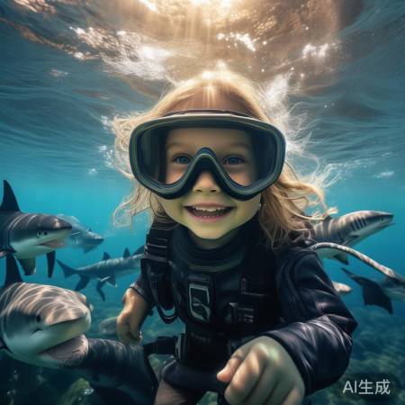 可爱小花水下鲨鱼嬉戏